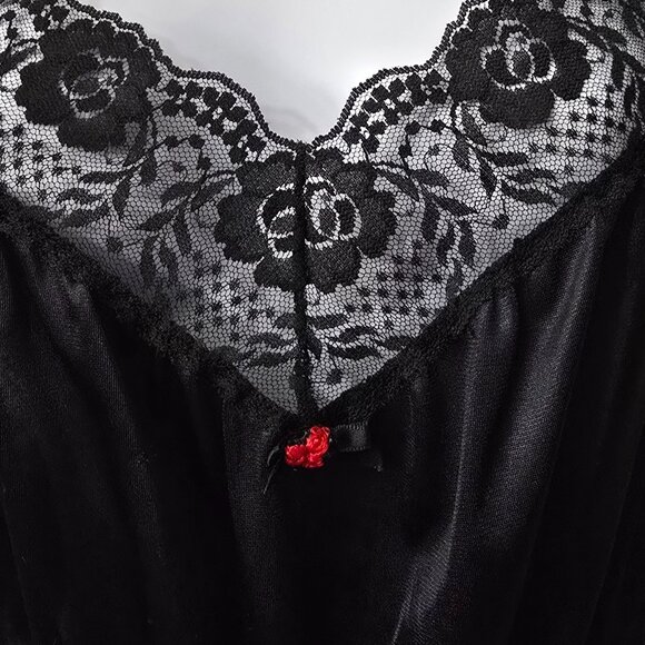 Vintage Nylon Lingerie Teddy Romper L Floral Lace Rosette Ties Black 80s 90s - Picture 5 of 11